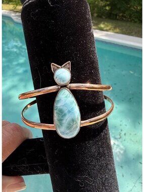 NWOT Artisan Larimar Whimsical Cat-Shaped Cuff Bracelet Copper Adj 6-8 in gift